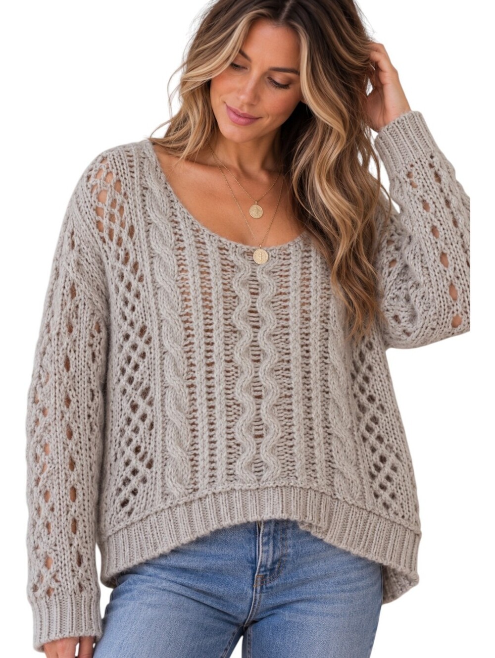 Free People Chunky Fluff Cable Knit Sweater Gray Mohair Wool Oversized M
